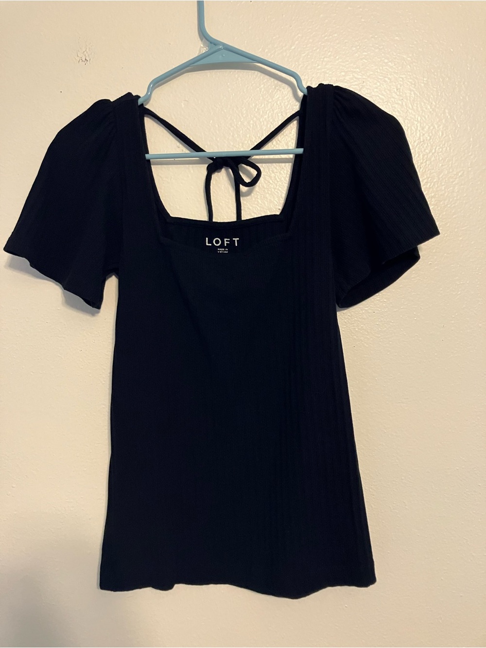 LOFT Black Square Neck Puff-Sleeve Tie-Back Top